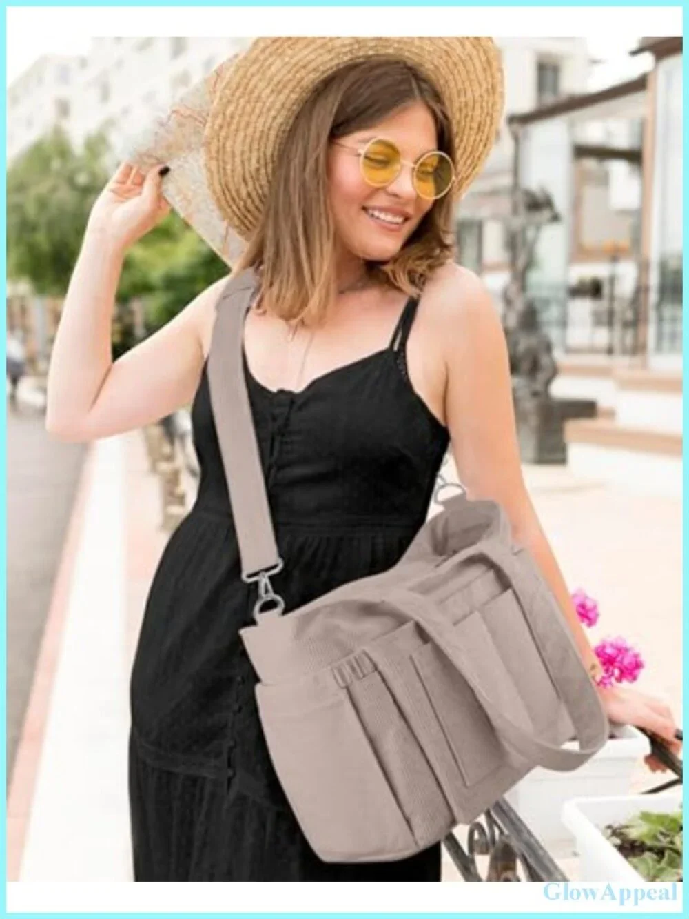 Corduroy Tote Bag with 9 Pockets & 40oz Cup Holder, Laptop Work Purse for